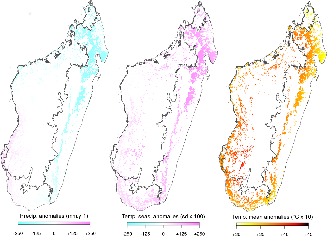 Anomalies climatiques prédites sur les forêts de Madagascar entre 2010 et 2080. Les anomalies ont été calculées pour les précipitations annuelles (panneau de gauche), la saisonnalité de la température (milieu) et la température moyenne annuelle (droite) en faisant la moyenne des prédictions de sept modèles climatiques du GIEC suivant le scénario d’émission RCP 8.5. Les précipitations devraient diminuer, notamment sur les forêts humides de l’est et la saisonnalité de la température ainsi que la température moyenne annuelle devraient augmenter sur l’ensemble des forêts de Madagascar.