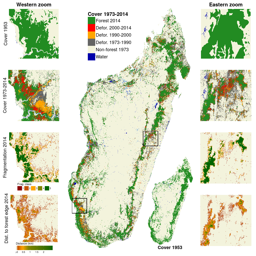 Evolution du couvert forestier à Madagascar sur 60 ans de 1953 à 2014. Les changements de couverture forestière de 1973 à 2014 sont présentés sur la figure principale. Le couvert forestier en 1953 est présenté dans l’encart en bas à droite. Deux séries de zooms sur la forêt sèche de l’ouest (à gauche) et de la forêt humide de l’est (à droite) presentent une vue plus détaillée de (du haut vers le bas): la couverture forestière en 1953, les changements de couverture forestière de 1973 à 2014, la fragmentation de la forêt en 2014 et la distance à la lisière de la forêt en 2014. Les données sur les plans d’eau et leur saisonnalité (bleu foncé pour permanent, bleu clair pour saisonnié) sont issues de l’article de (Pekel et al. 2016).