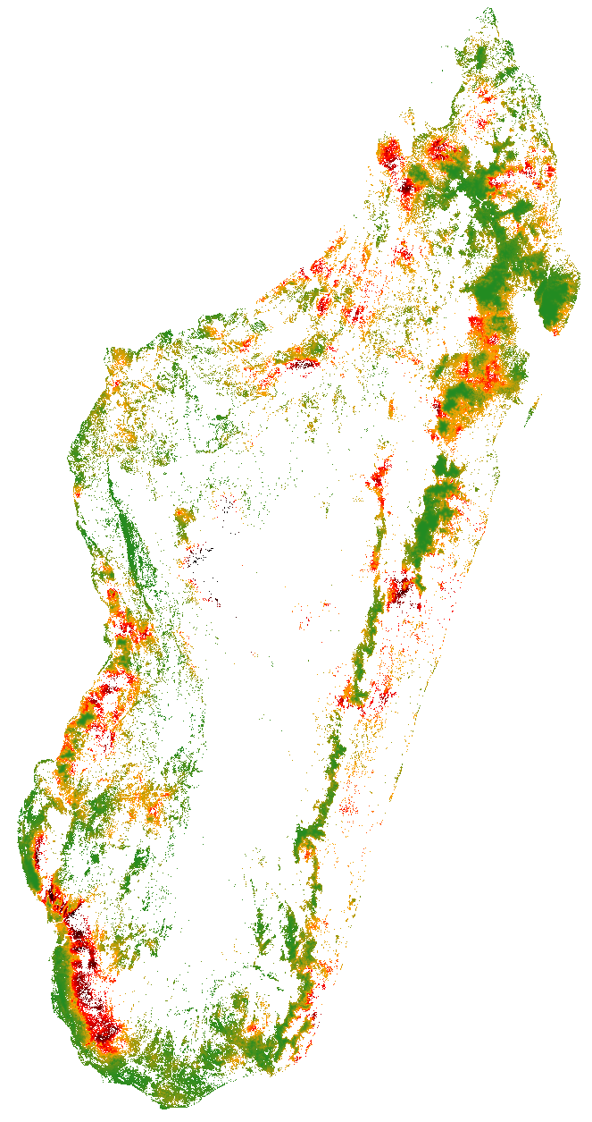 Probabilité de déforestation pour les forêts de Madagascar. Couvert forestier de l’année 2010 (Vieilledent et al. 2017). La probabilité de déforestation est faible (vert) dans les zones reculées et au sein des aires protégées et augmente (rouge puis noir) avec la proximité des villes et des routes.